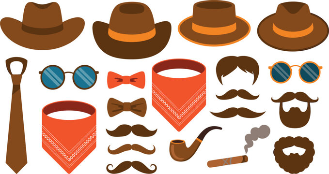 Vintage Cowboy and Gentleman Accessories Collection Including Hats, Mustache, Beard, Sunglasses, Bow Tie, Bandana and Pipe Flat Vector Illustration Set