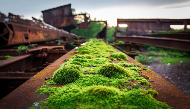 rusty metal beam with green mossy residue in industrial scrapyard