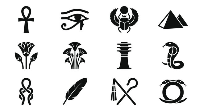 Ancient Egypt black pixel icons including ankh, eye of horus, scarab, pyramid, lotus, cobra, and other hieroglyphic symbols