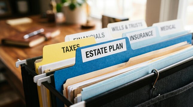 Estate plan file folder organized within hanging office filing cabinet for legal document management.