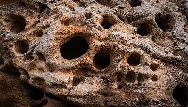 detailed view of an aged hole riddled rock surface highlighting natural textures and erosion patterns
