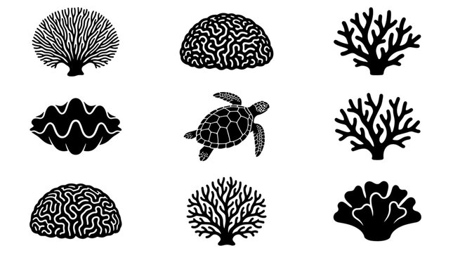 Set of coral reefs and sea turtle silhouettes in a pixel art style, perfect for ocean ecology and marine life themes