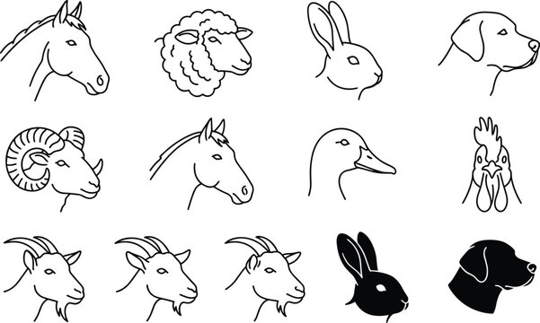 Farm animal head icons with horse sheep rabbit dog goat rooster duck silhouette vector illustration artwork