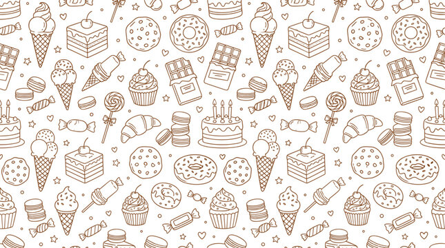 Dessert seamless pattern with cupcakes cakes donuts cookies sweets outline vector illustration artwork