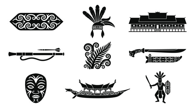 Traditional Dayak tribe cultural elements set, native Indonesian Kalimantan patterns, tribal art, and symbols