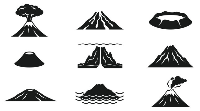 Set of pixel art volcano icons depicting eruptions, mountains, and island formations, suitable for retro games