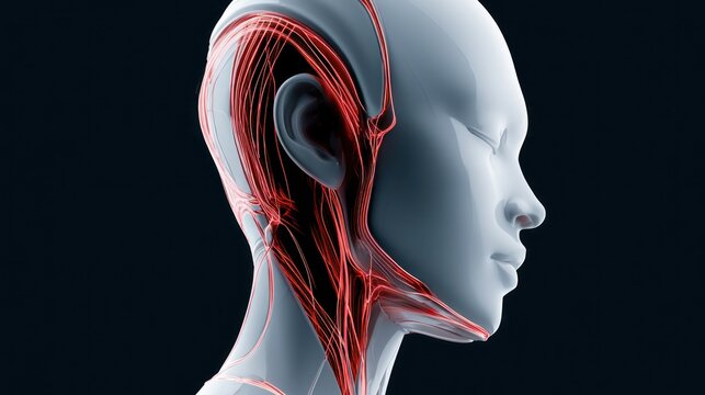 Close up of human head with glowing red nerves