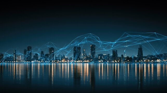 Digital network overlaying a modern city skyline at night