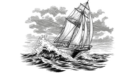 Vintage Engraving Style Sailing Ship on Rough Ocean Waves © Elva