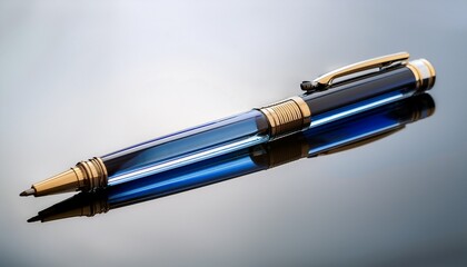 Naklejka premium ink flow a transparent blue and black ballpoint pen with a gold tip is presented on a clean surface ready for writing and creativity