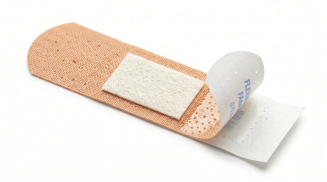 Single adhesive bandage with protective film being removed first aid skin care