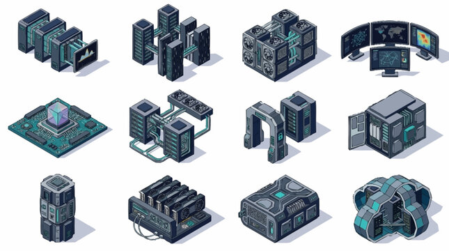 Isometric illustration of modern data center servers and hardware.