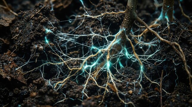 Mycorrhizal network, glowing mycelial threads connecting roots, vital subterranean symbiotic ecosystem, nature's intricate biological connection, healthy plant life