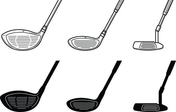 Golf club icons with driver wood putter silhouette outline vector illustration artwork