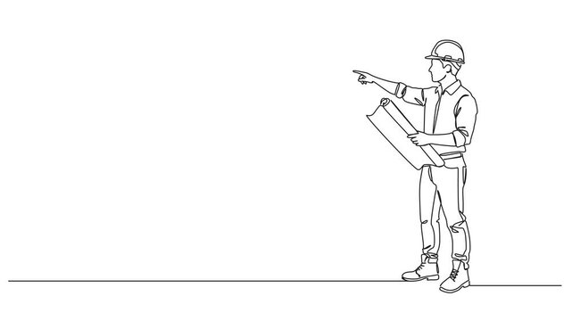 animated continuous line drawing of a male engineer or architect wearing a hard hat, holding blueprints and pointing forward. Minimalist construction worker line art animation
