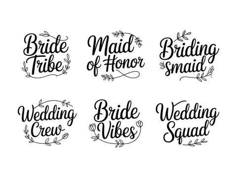 Wedding related phrases with floral designs and elegant typography on transparent background