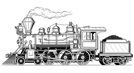 Vintage Steam Locomotive Train Engine Line Art © Elva