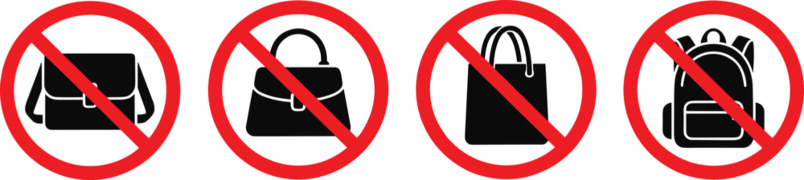 No bags allowed icons with prohibition symbols messenger handbag tote backpack restriction vector illustration artwork
