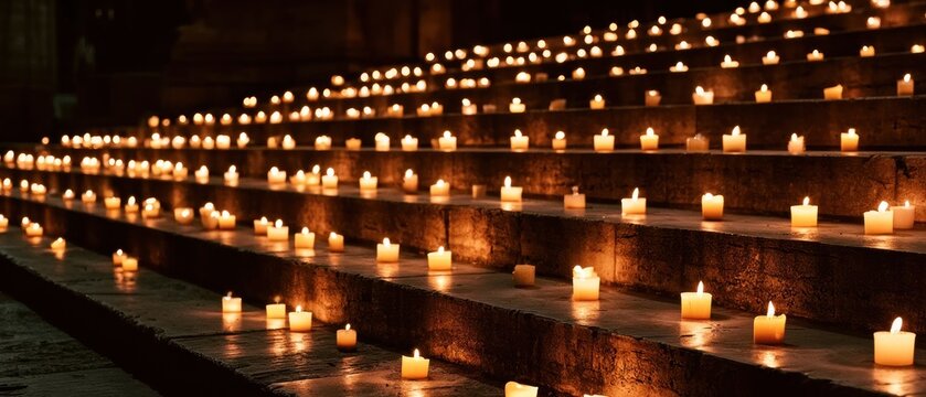 Rows of lit candles on stone steps at night
