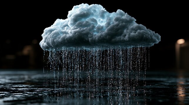 Dark stormy rain cloud floating over a wet dark surface with heavy rainfall on a black background