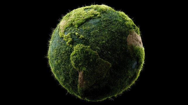 Green earth globe covered in moss and grass