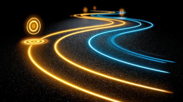 Winding neon path glowing on dark asphalt