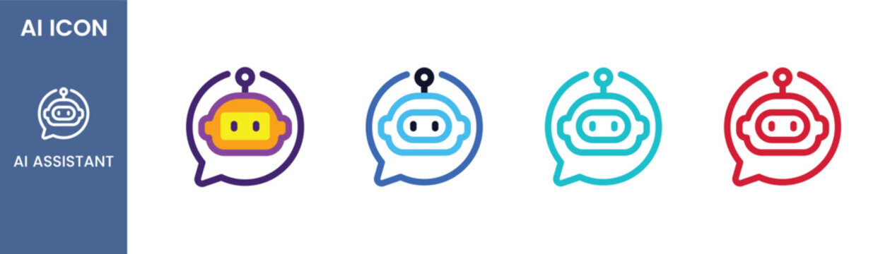 AI assistant chatbot outline icon set with robot head in speech bubble for customer support or virtual helper concept, Vector illustration