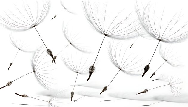 Collection of floating dandelion seeds with natural style With shadow. AI GENERATED.
