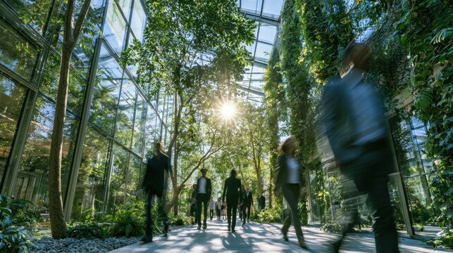 People walking in a modern glass atrium with lush greenery