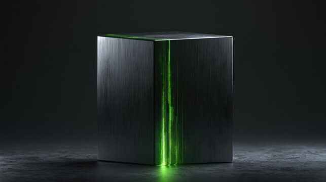 Futuristic metal cube with green light