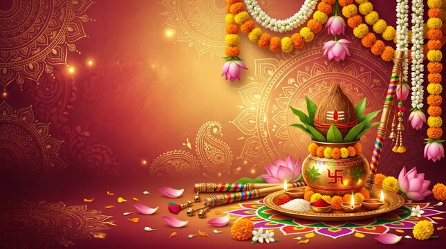 Navratri religious banner, traditional dandiya sticks, floral garlands, sacred kalash, lotus petals, intricate Hindu decorative patterns