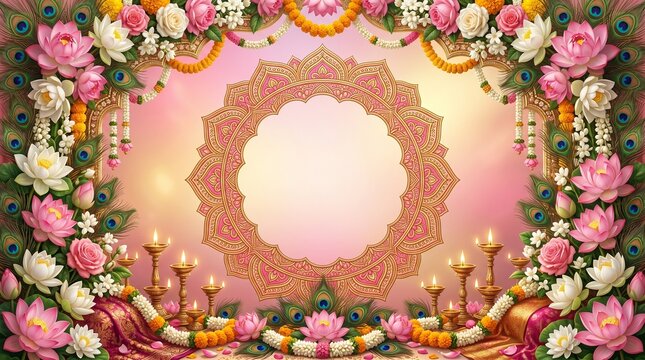 Radhashtami celebration background, beautiful floral decorations with lotus flowers, peacock feathers, sacred lamps, decorative mandala frame