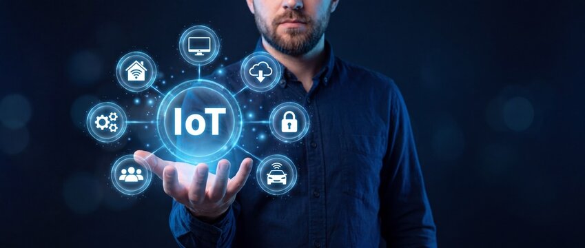 Internet of things iot concept, man holding a digital interface with connected devices and icons representing smart home, cloud, security, and data