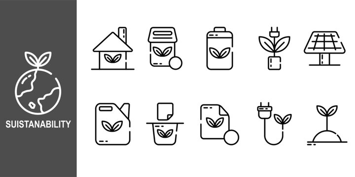 Sustainability and green energy linear outline icons set