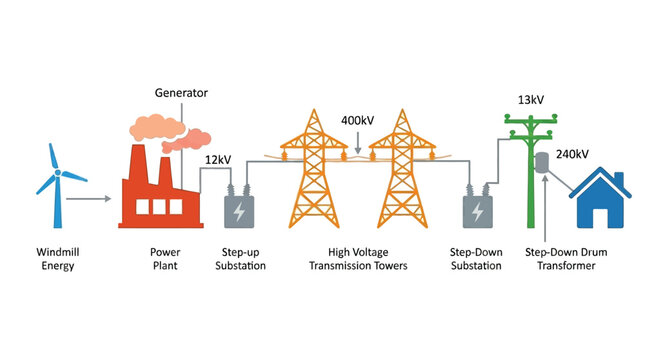 Electrical power transmission infrastructure vector illustration with labeled components
