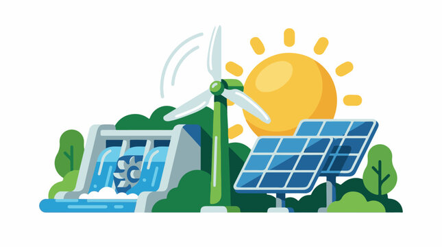 A vibrant illustration showcasing a water turbine wind turbine solar panel amidst trees and a sunny sky