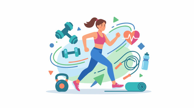 A woman in athletic wear runs with fitness gear and a heart rate graphic