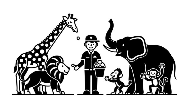 Zookeeper Feeding Wild Animals Vector Illustration