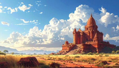 Naklejka premium A scenic view of an ancient temple constructed from red brick beneath a bright sky filled with fluffy white clouds