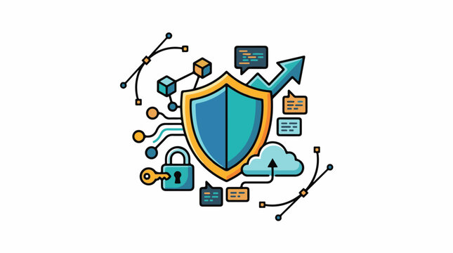 Colorful illustration of a shield with various security and technology symbols around it
