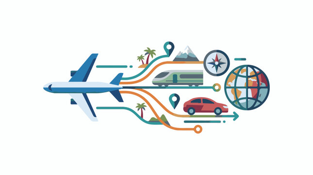 Colorful illustration of airplane train and car on routes around globe