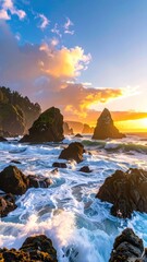 Naklejka premium Dramatic sunset over a rocky coastline with crashing waves.