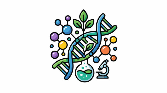 Colorful illustration of DNA molecules and lab equipment with leaves