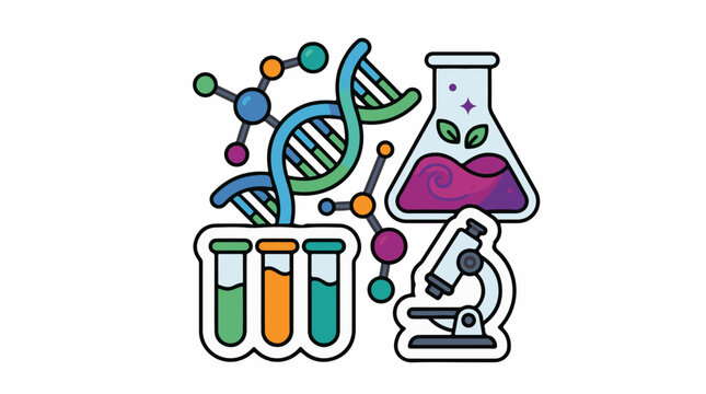 Colorful illustration of DNA test tubes microscope and beaker in a science setting