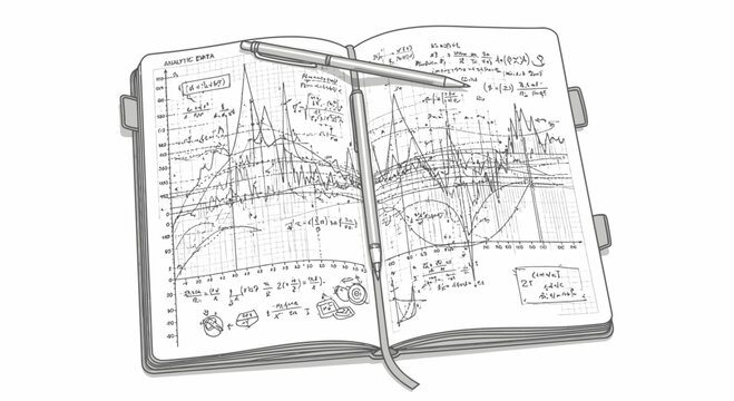 Open Notebook with Complex Mathematical Graphs and Engineering Formulas
