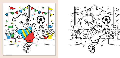 Obraz premium Cute Teddy Bear Playing Soccer Coloring Page for Kids, Sports Bear Football Player Vector Illustration, Children Activity Worksheet with Color Sample