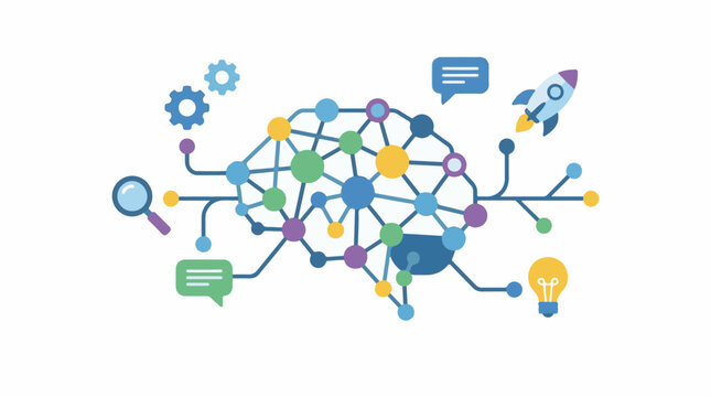 Colorful network graphic with gears speech bubbles and icons on white
