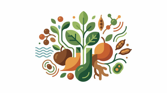 Colorful stylized illustration of a plant growing from various fruits and vegetables