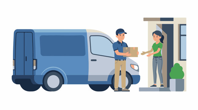 Delivery person handing a package to a woman at her doorstep from a van