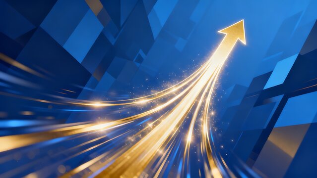 Dynamic blue background with glowing golden arrow ascending, representing success and progress.